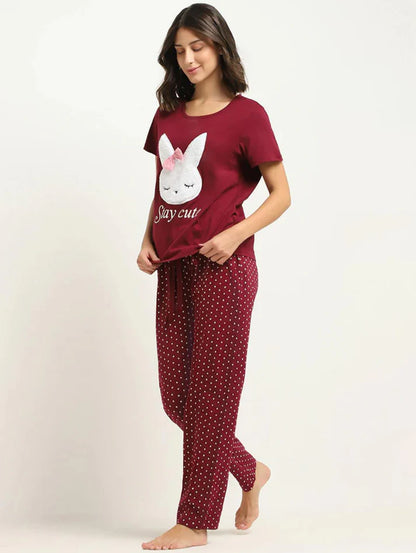 MAROON STAY CUTE PRINTED NIGHT SUIT