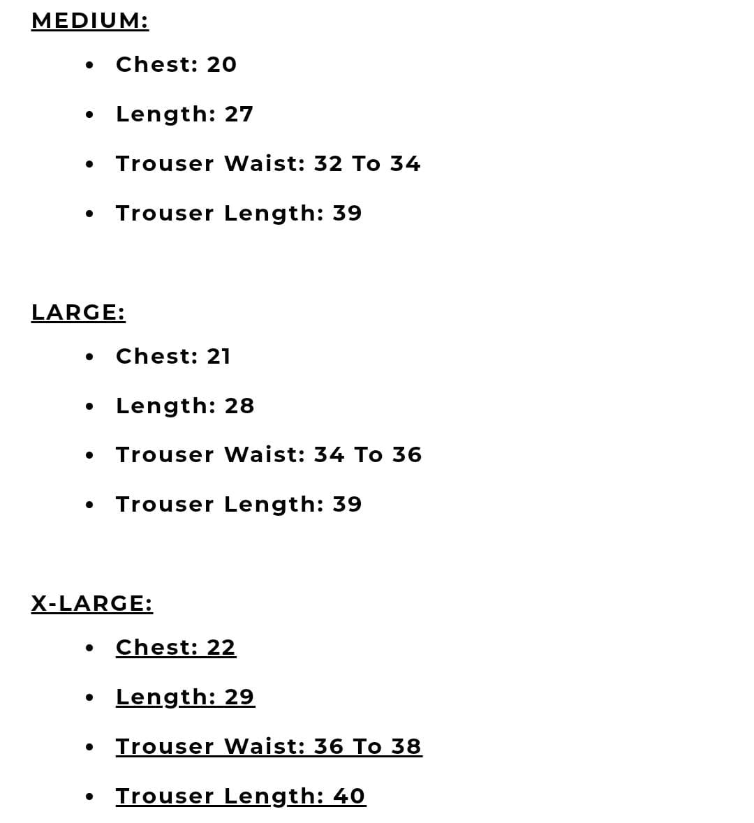 TNW pj's size chart   