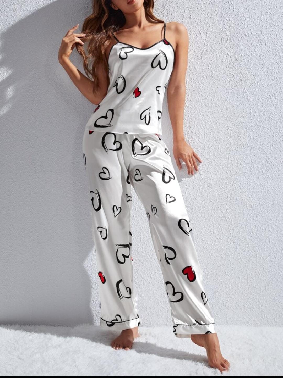 TNW Spice Ceder Strap Jumpsuit Printed Hearst White best silk sleeveless nightwear for ladies price in pakistan