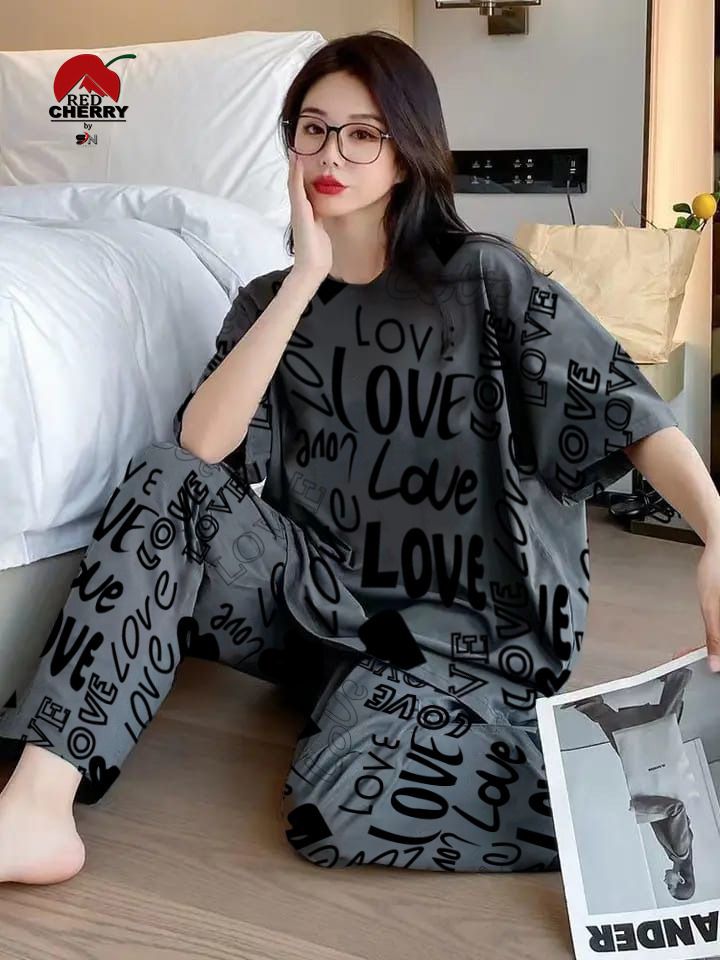 11.11 Sale Love Drop Shoulder Charcoal Printed PJ Suit