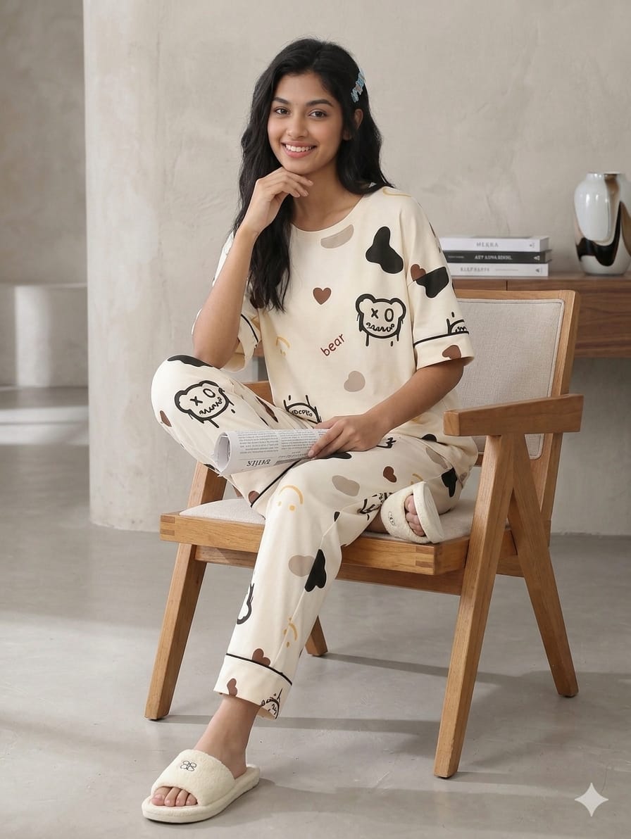 Cream Bear Printed Night Suit