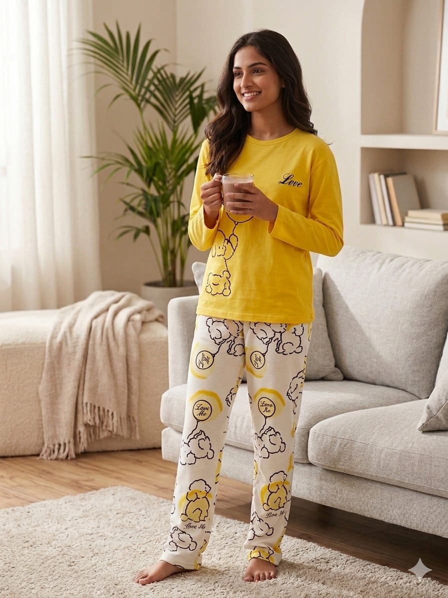 Yellow Love Heart Printed Night Suit