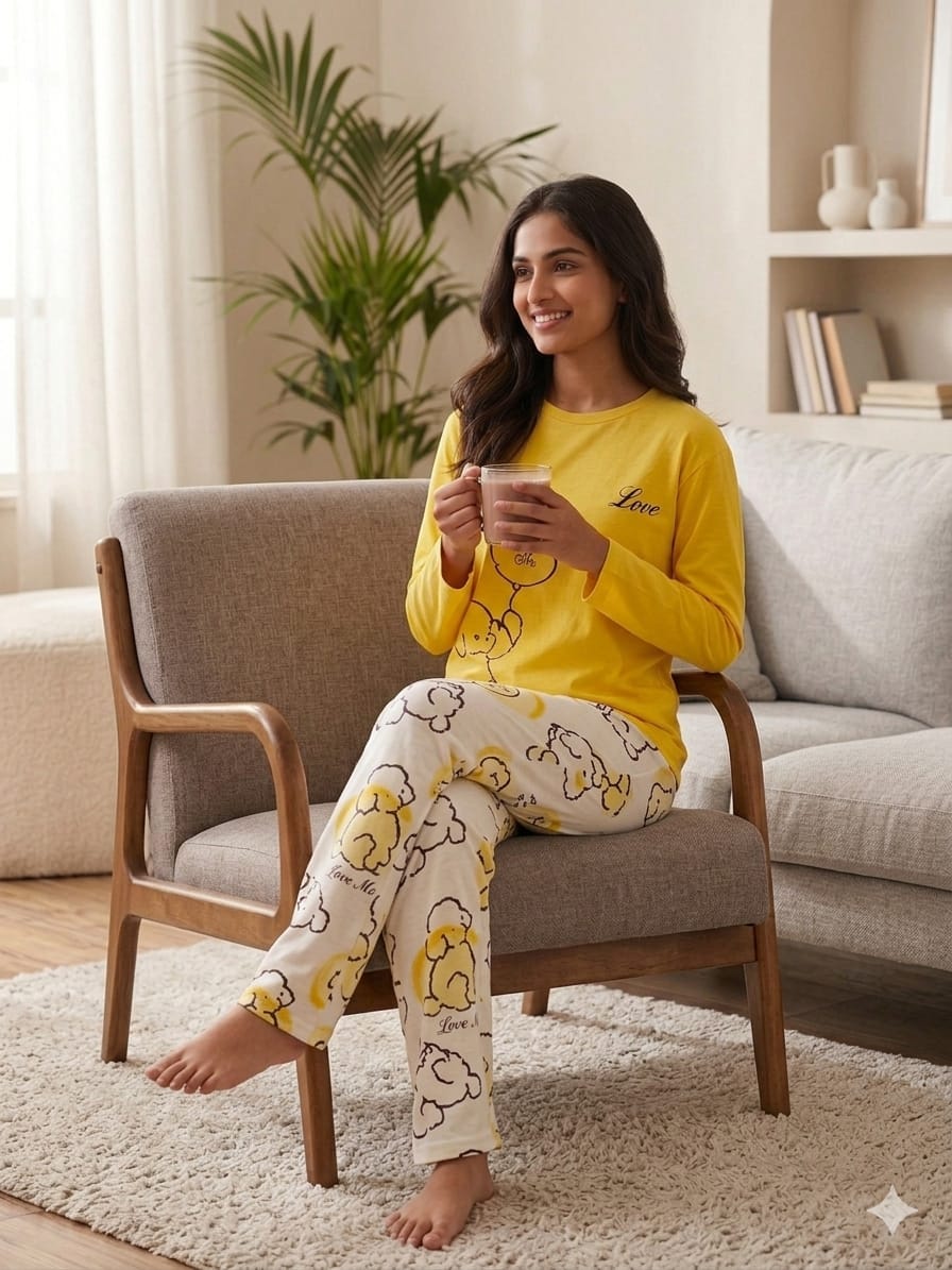 Yellow Love Heart Printed Night Suit