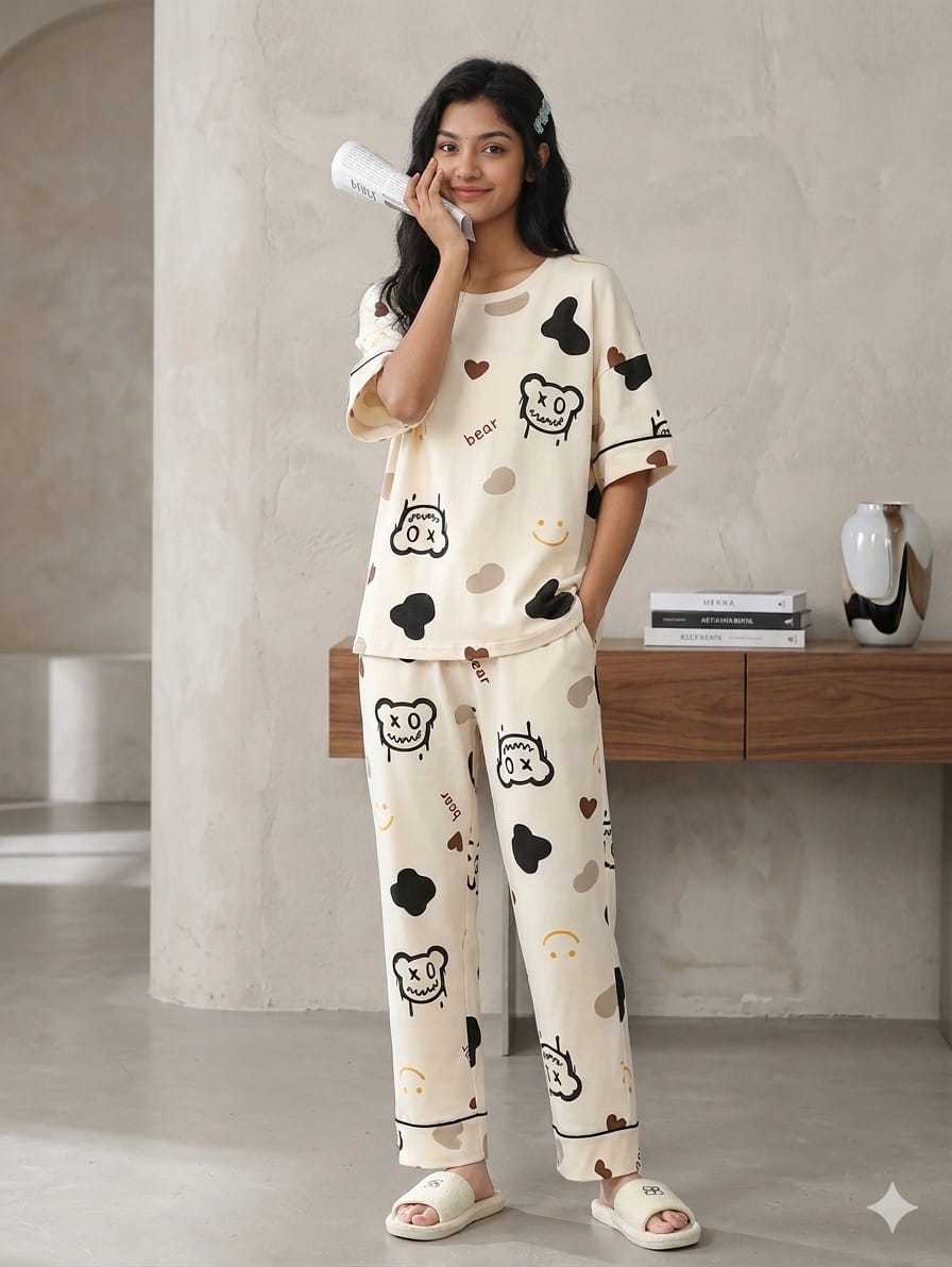 Cream Bear Printed Night Suit