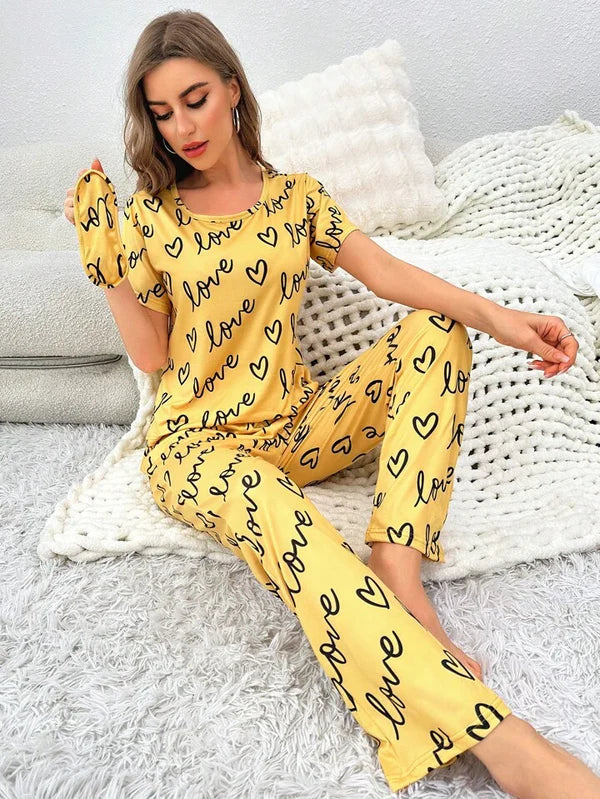 LOVE HEART PRINTED NIGHT SUIT (YELLOW )