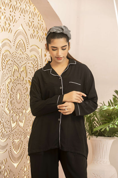 11.11 Sale-Silk Night Suit - Black comfortable loungewear for women