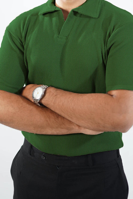 Premium Waffle Knitted Polo - Olive Green