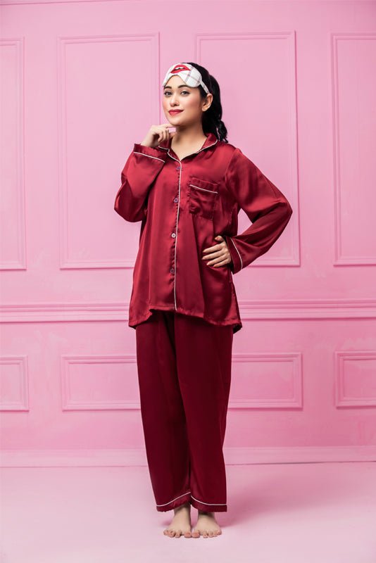 11.11 Sale-Silk Night Suit - Maroon -sexy night wear for women