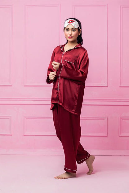 11.11 Sale-Silk Night Suit - Maroon -sexy night wear for women